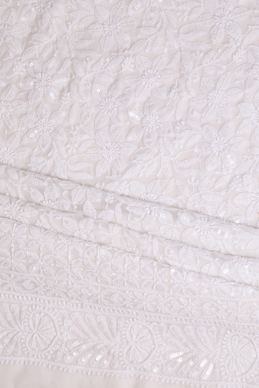 Ada Hand Embroidered White Georgette Lucknowi Chikan Unstitched Kurta Dupatta Set with Pearl & Sequinned A619056