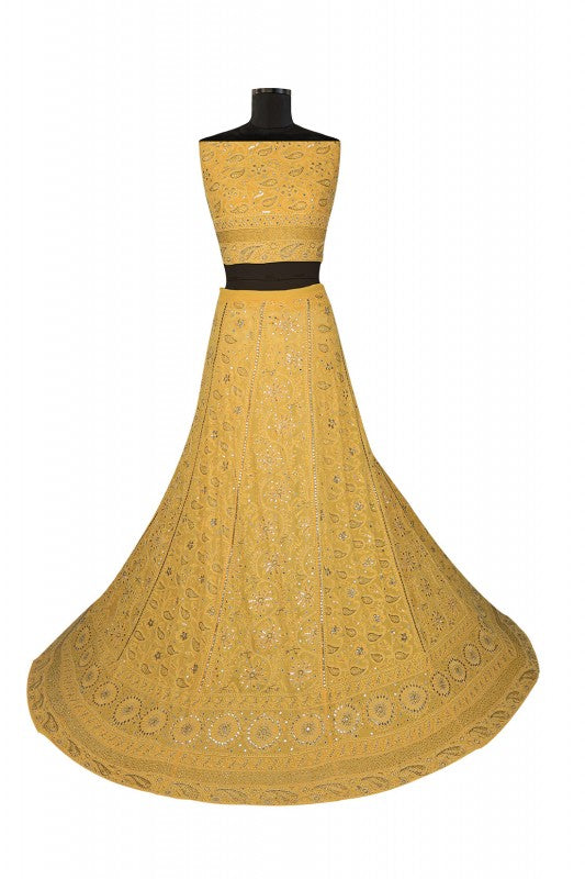 Ada Hand Embroidered Dandelion Yellow Pure Georgette Lucknowi Chikankari Lehenga Set With Muqaish Work– A20700