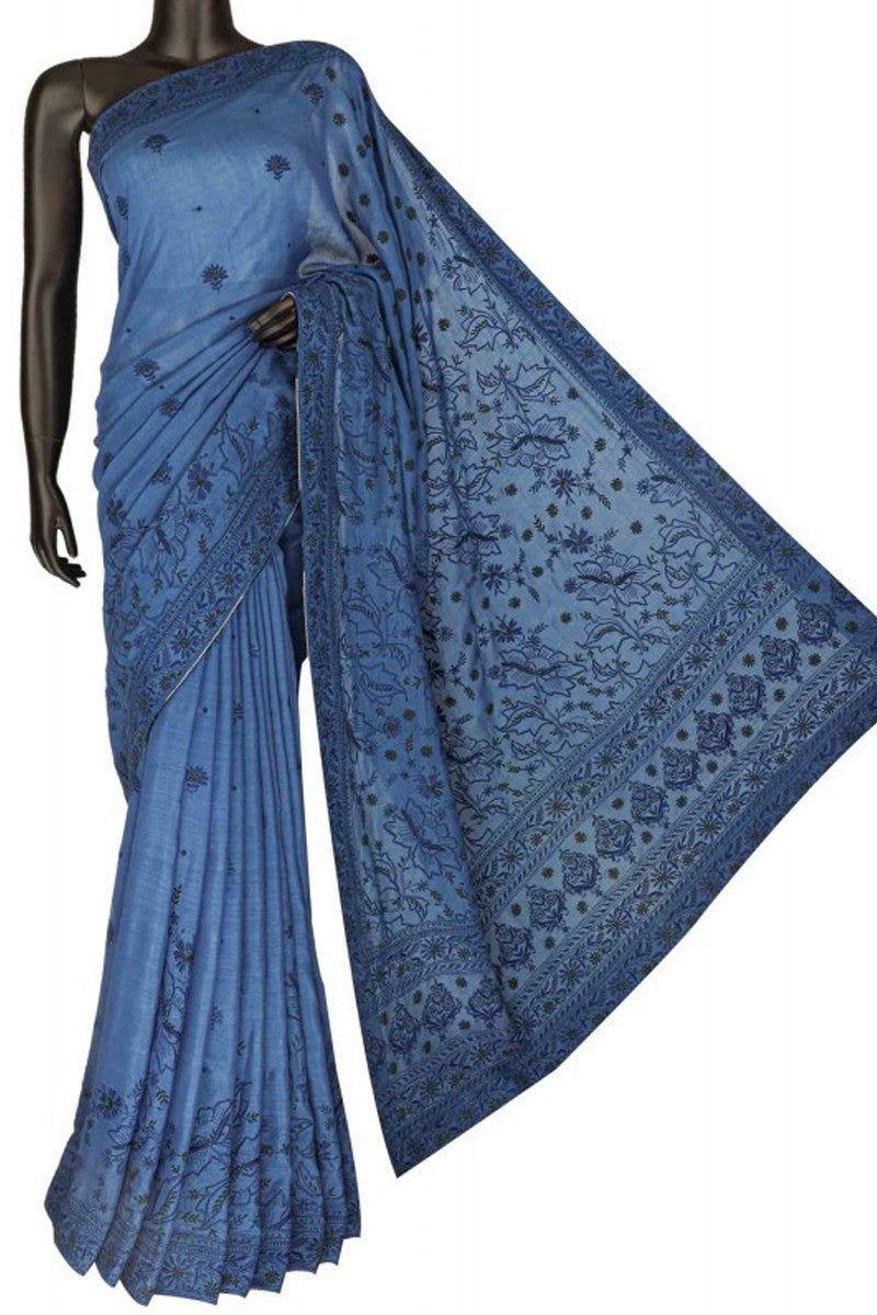 Ada Hand Embroidered Yale Blue Cotton Lucknow Chikan Saree With Blouse-A128656