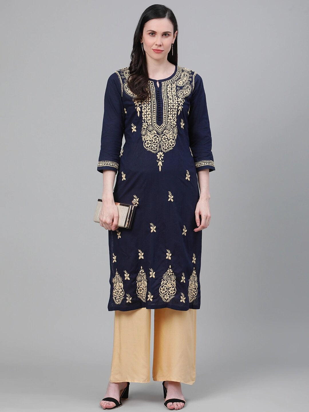 Ada Hand Embroidered Navy Blue Cotton Lucknowi Chikankari Straight Kurta A411150