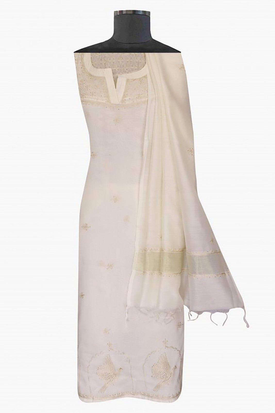 Ada Hand Embroidered Cream Chanderi Lucknowi Chikankari Semi-stitched Kurta Dupatta Set With Muqaish Work A577228