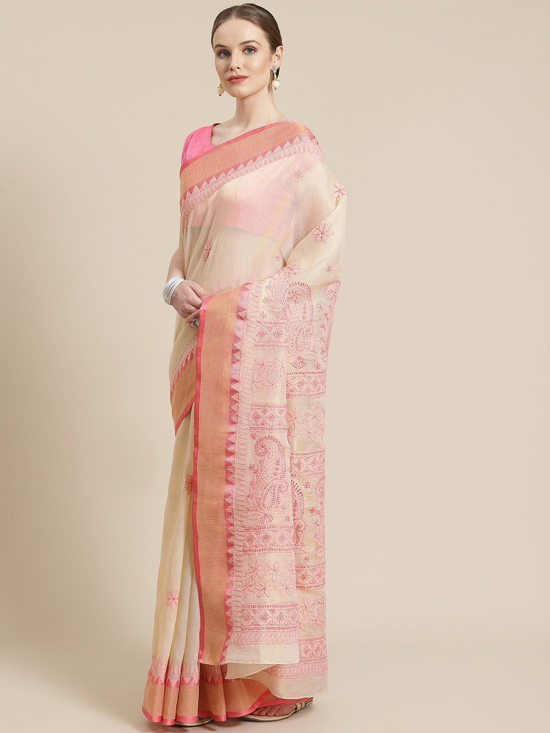 Ada Hand Embroidered Fawn Kota Lucknow Chikan Saree With Blouse A311244