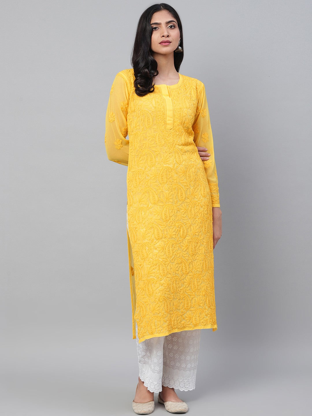 Ada Hand Embroidered Yellow Georgette Lucknowi Chikankari Straight Kurta A100590