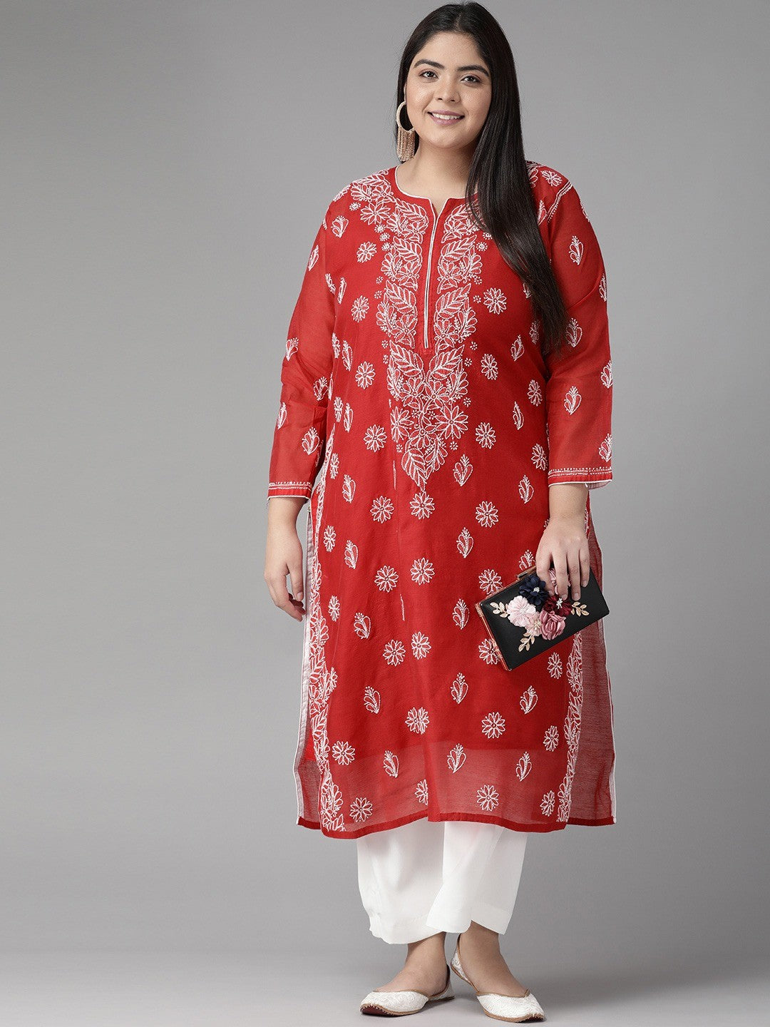 Ada Hand Embroidered Red Chanderi Lucknowi Chikankari Straight Kurta A411178
