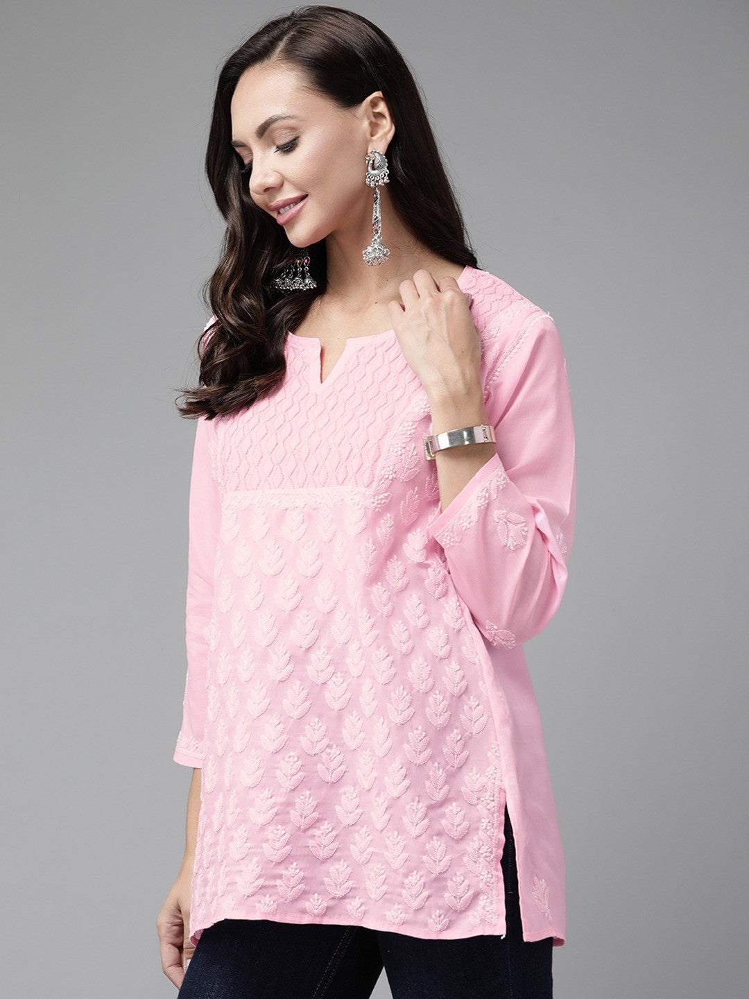 Ada Hand Embroidered Dark Pink Cotton Lucknowi Chikankari Straight Kurti A911218