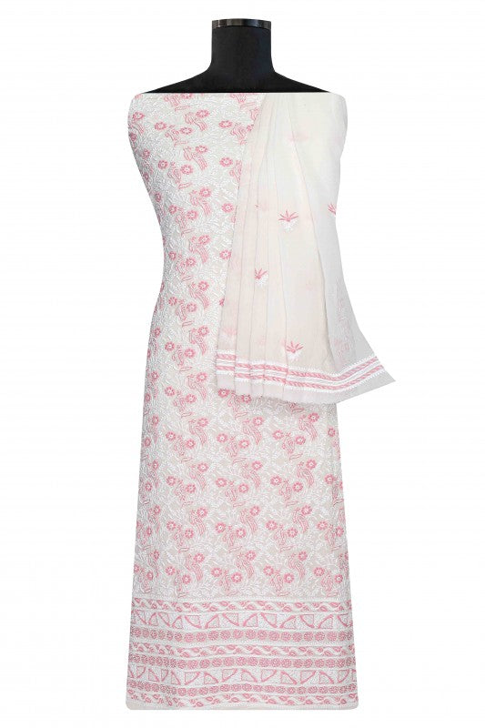 Ada Hand Embroidered White Pure Georgette Lucknowi Chikan Unstitched Kurta Dupatta Set with Pearl Work A615370