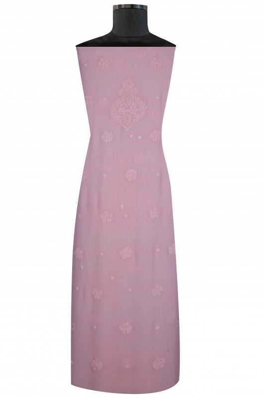 Ada Hand Embroidered Peach Georgette Lucknowi Chikankari Unstitched Kurta Dupatta Set With Pearl Work A586225