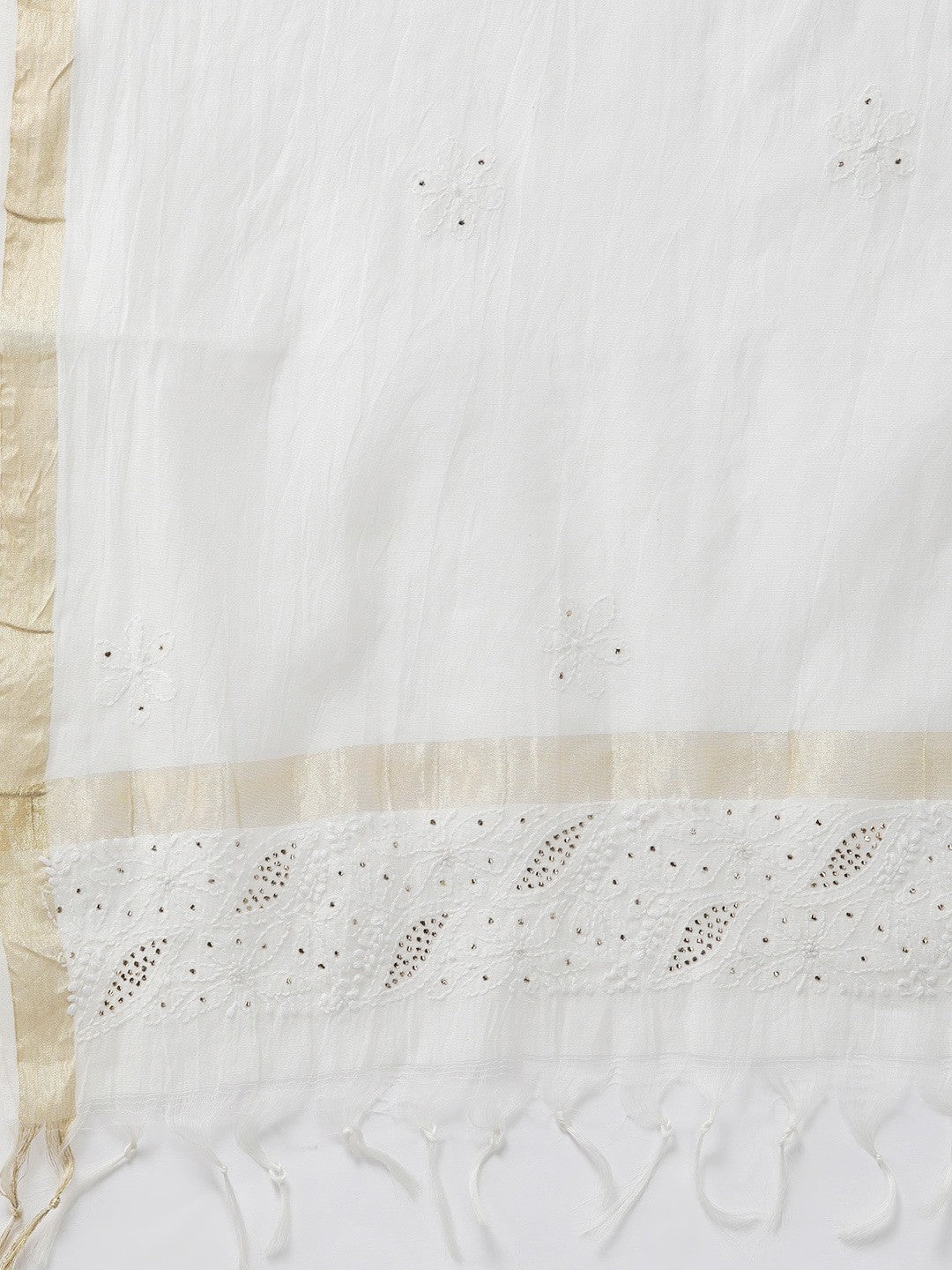 Ada Hand Embroidered White Chanderi Lucknowi Chikankari Dupatta With Muqaish Work- A511172