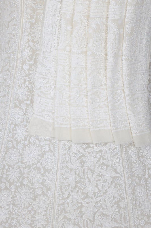 Ada Hand Embroidered White Pure Georgette Lucknowi Chikankari Lehenga Set– A623666