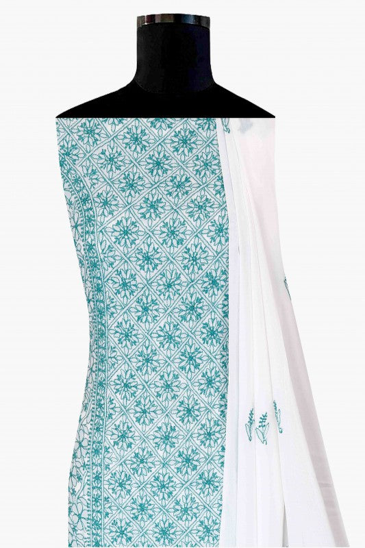Ada Hand Embroidered White Georgette Lucknowi Chikan Unstitched Kurta Dupatta Set A459532