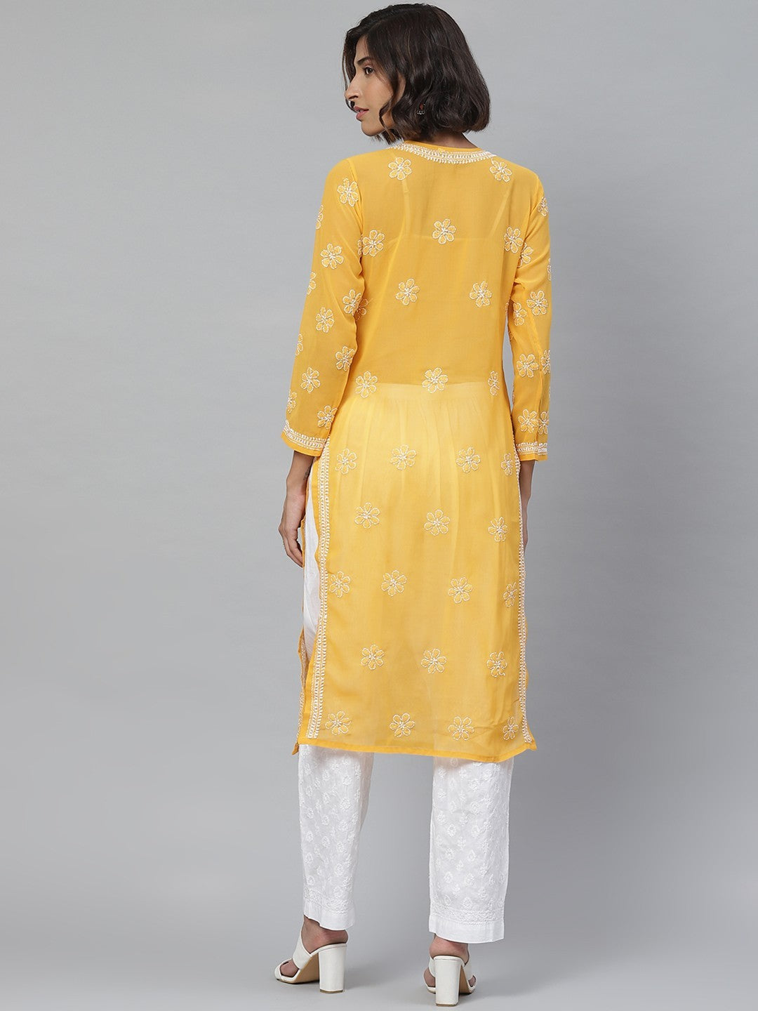 Ada Hand Embroidered Mustard Georgette Lucknowi Chikankari Straight Kurta With Palazzo A811115