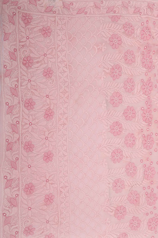 Ada Hand Embroidered Baby Pink Georgette Lucknowi Chikankari Saree With Blouse A610318