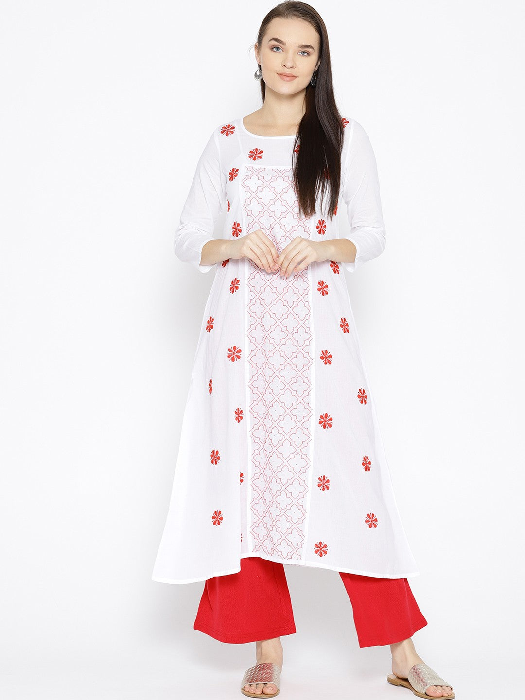 Ada Hand Embroidered White Cotton Lucknow Chikankari Kurta With Muqaish Work-A100047