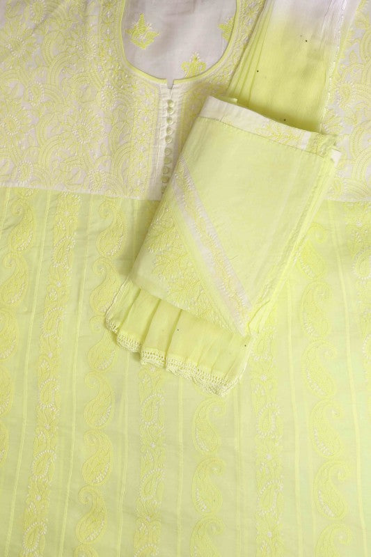 Ada Hand Embroidered Lemon Cotton Lucknowi Chikan Semi-stitched Suit Piece- A579191