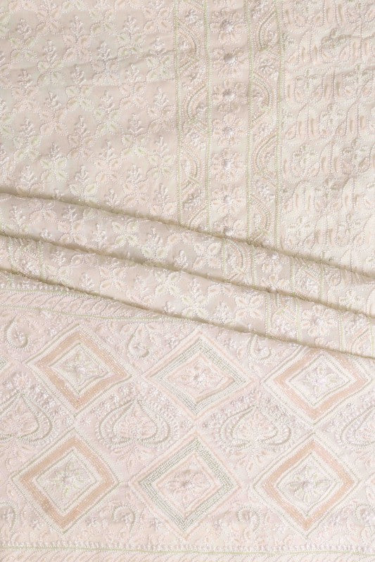 Ada Hand Embroidered White Pure Georgette Lucknowi Chikan Unstitched Kurta Dupatta Set With Pearl Work-A621919
