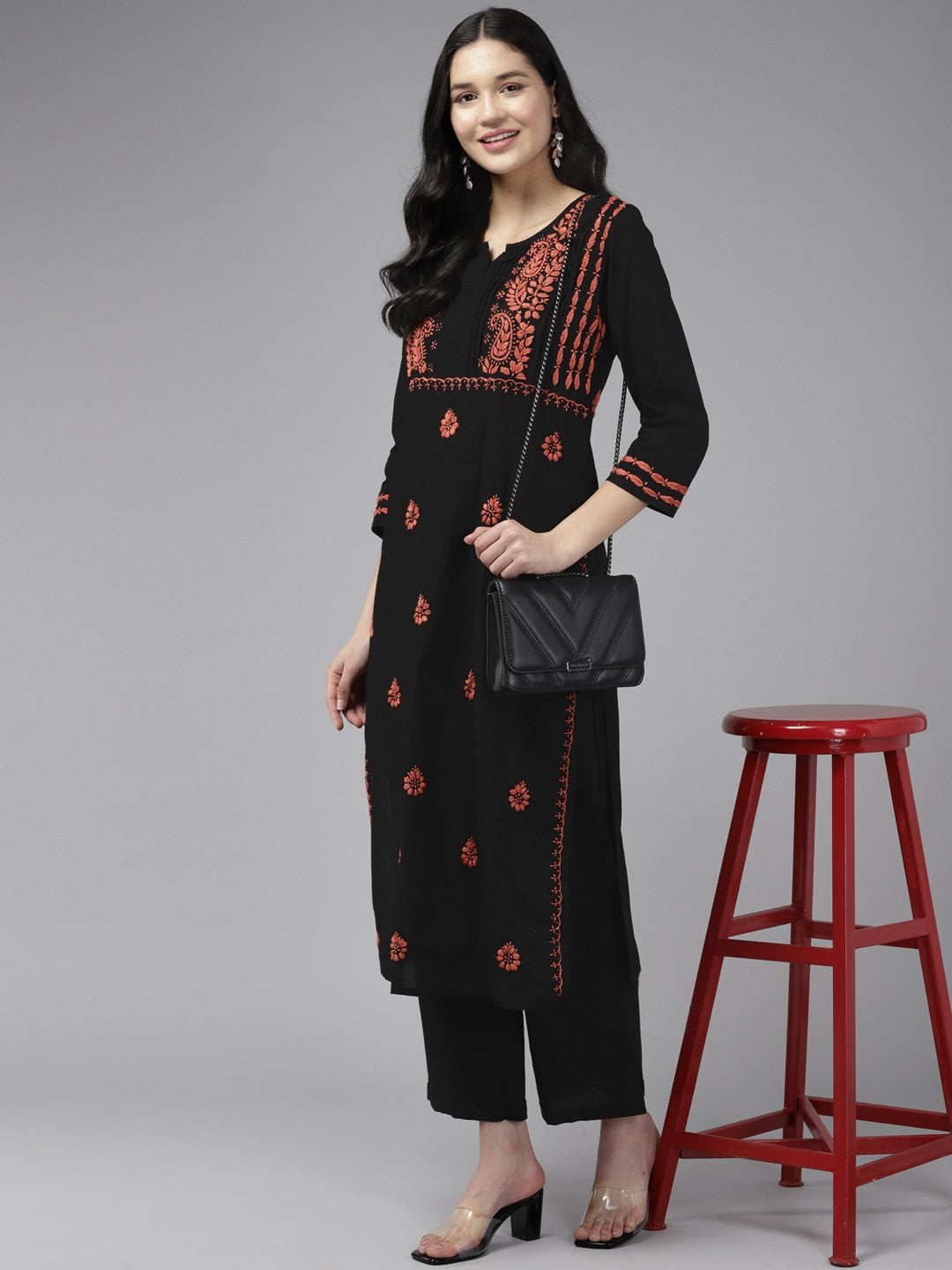 Ada Hand Embroidered Black Cotton Lucknowi Chikankari Straight Kurta A411428
