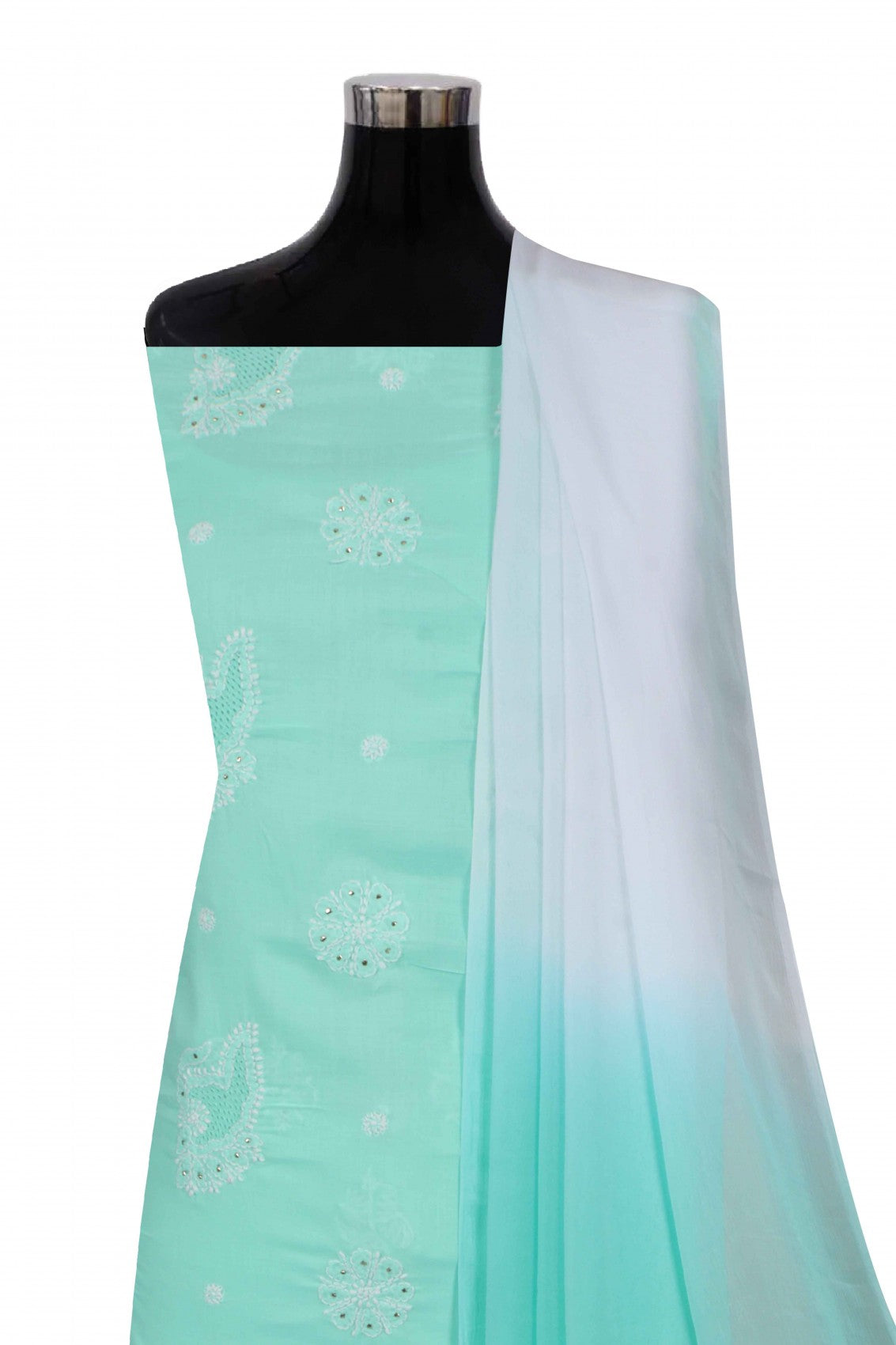 Ada Hand Embroidered Sea Green Cotton Lucknowi Chikankari Unstitched Suit Piece With Muqaish Work 01A204406