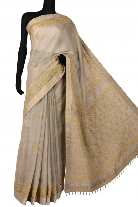 Ada Hand Embroidered Grey Tissue Lucknowi Chikankari Saree With Blouse A615162