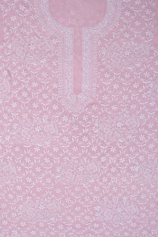 Ada Hand Embroidered Baby Pink Pure Georgette Lucknowi Chikan Unstitched Kurta Piece A21481