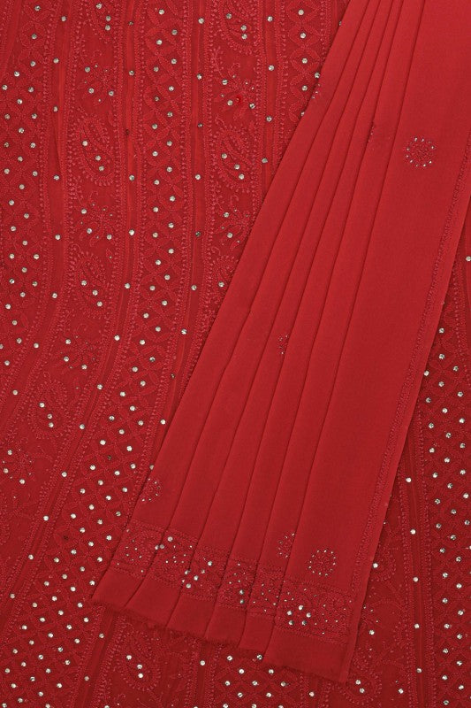 Ada Hand Embroidered Red Pure Georgette Lucknowi Chikankari Semi-stitched Anarkali Kurta Dupatta Set With Muqaish Work- A578342