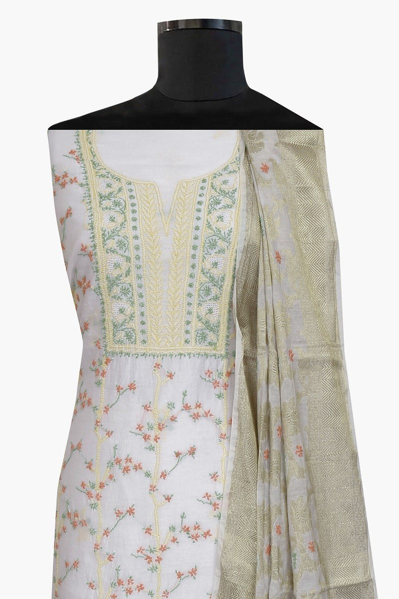 Ada Hand Embroidered White Chanderi Lucknowi Chikan Unstitched Kurta Dupatta A609922