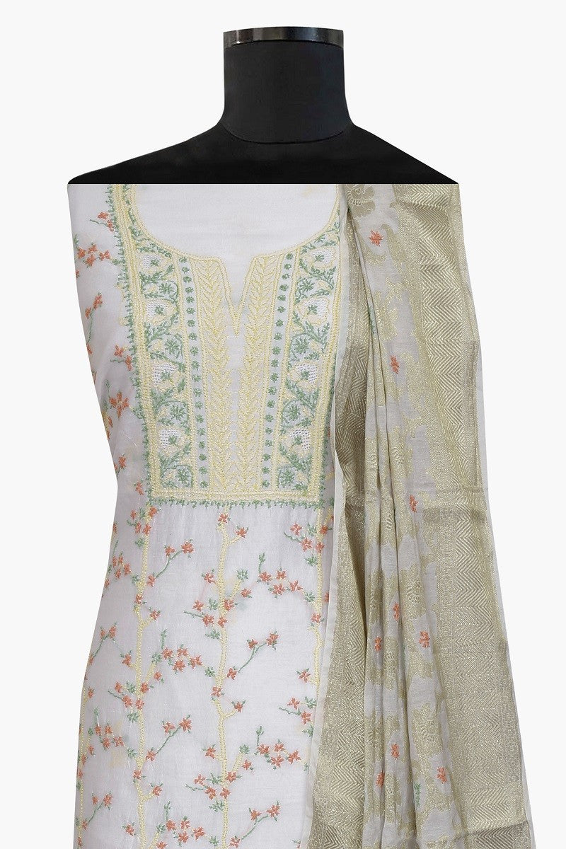 Ada Hand Embroidered White Chanderi Lucknowi Chikan Unstitched Kurta Dupatta A609922