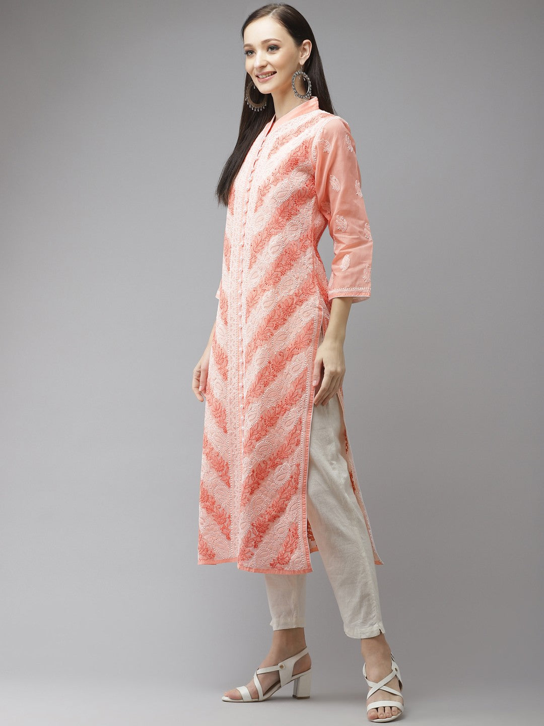 Ada Hand Embroidered Peach Cotton Lucknow Chikan Kurta A411321