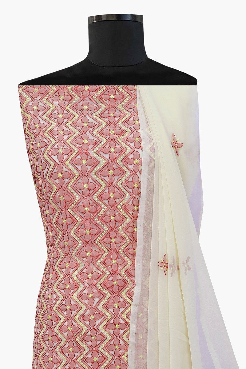 Ada Hand Embroidered Beige Georgette Lucknowi Chikan Unstitched Suit Piece A607917