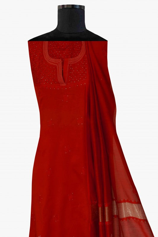 Ada Hand Embroidered Maroon  Chanderi Lucknowi Chikan Semi-stitched Kurta Dupatta Set With Muqaish Work-A577229
