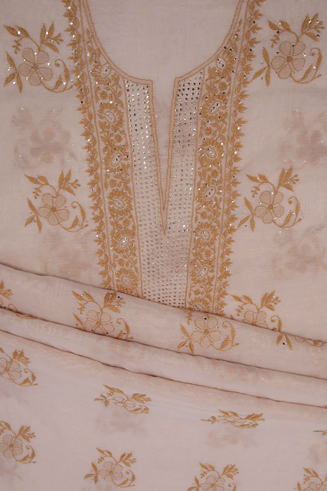 Ada Hand Embroidered Natural Fawn Tissue Lucknowi Chikankari Unstitched Suit Piece With Muqaish Work 01A27069