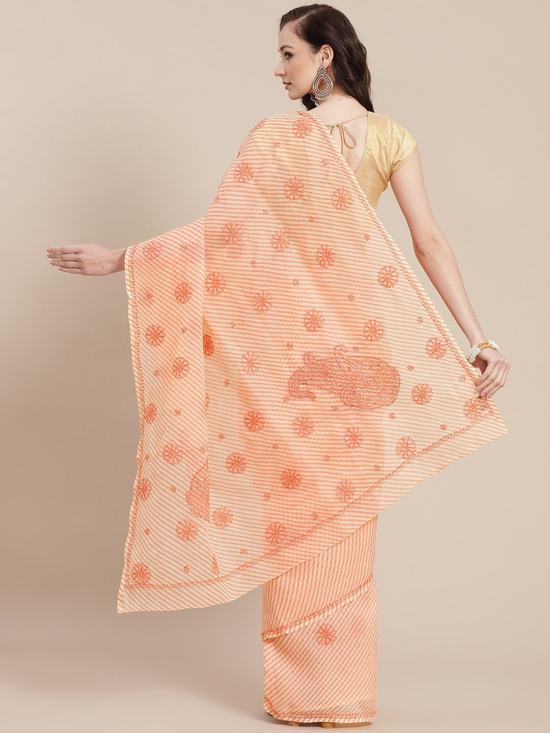 Ada Hand Embroidered Peach Kota Lucknow Chikan Saree With Blouse A311350