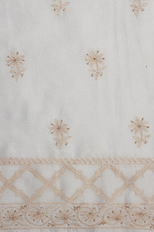 Ada Hand Embroidered Cream Chanderi Lucknowi Chikan Unstitched Kurta Piece- A422546
