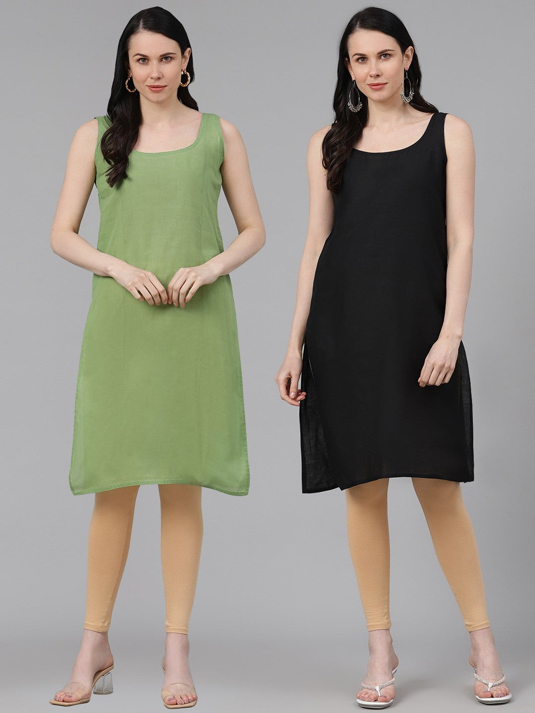 Ada Black and Dark Green Cotton Long Slips Combo of 2  A352676.