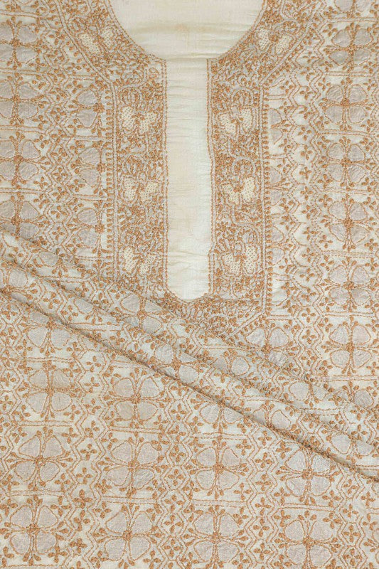 Ada Hand Embroidered Natural Fawn Tussar Silk Lucknowi Chikan Unstitched Kurta Piece A606087