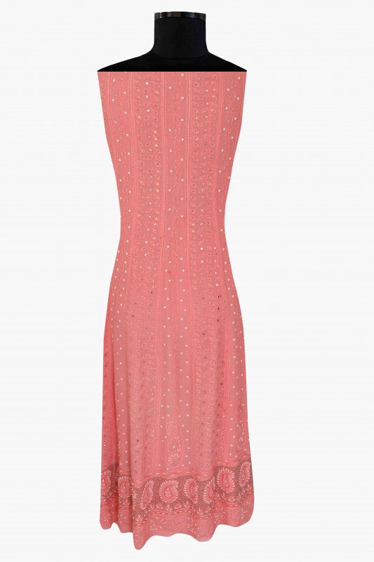 Ada Hand Embroidered Peach Georgette Lucknowi Chikan Semi-Stitched Anarkali Kurta Dupatta Set With Sequinned Work A595401