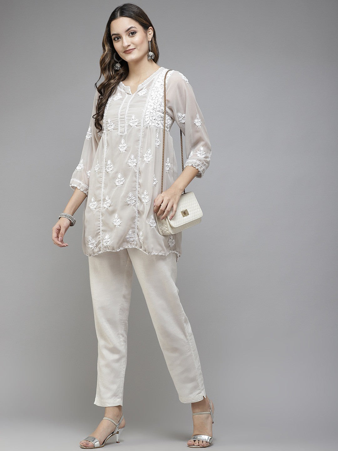 Ada Hand Embroidered Light Grey Georgette Lucknowi Chikankari Flared Kurti With Slip A911256