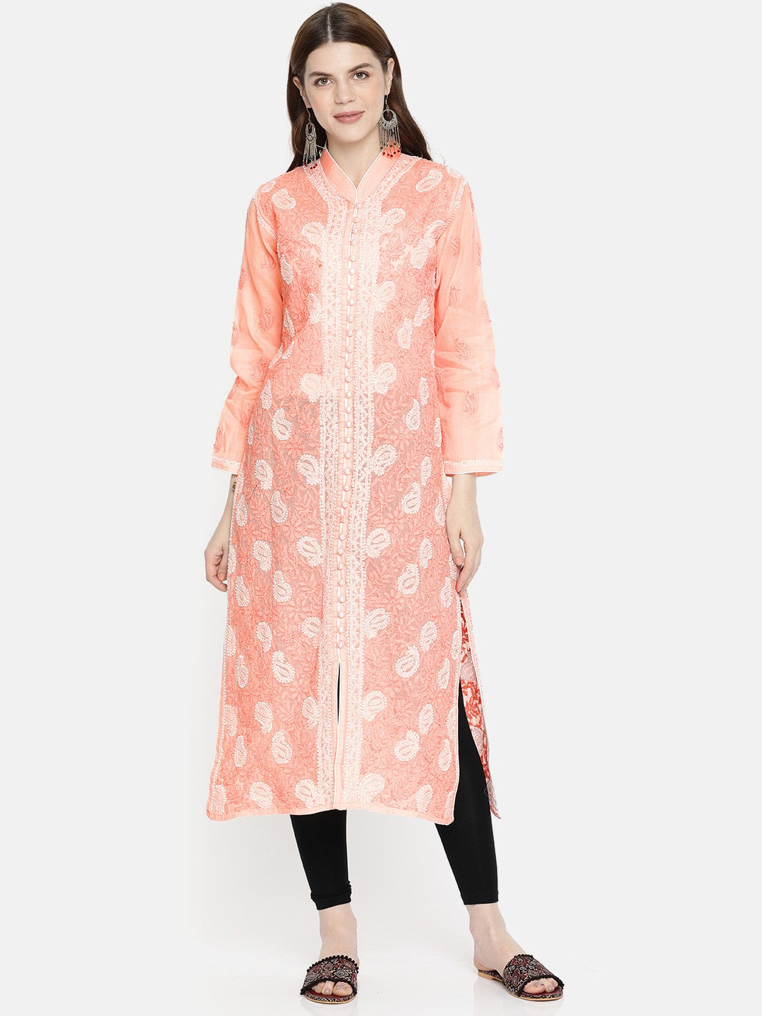 Ada Hand Embroidered Peach Cotton Lucknowi Chikankari Straight Kurta A239017