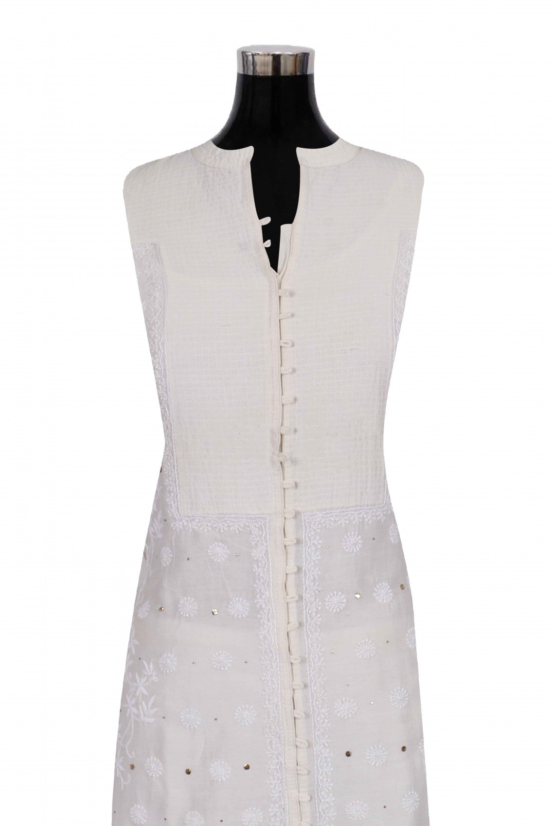 Ada Hand Embroidered Cream Chanderi Lucknowi Chikankari Semi-Stitched Anarkali Kurta Dupatta Set With Muqaish Work A604160