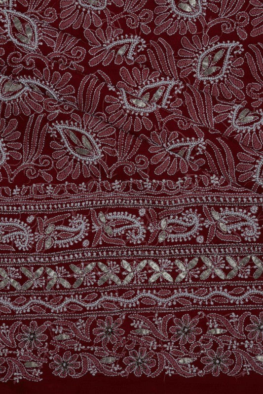 Ada Hand Embroidered Maroon Georgette Lucknowi Chikan Unstitched Kurta Piece with Gota patti Work A175139
