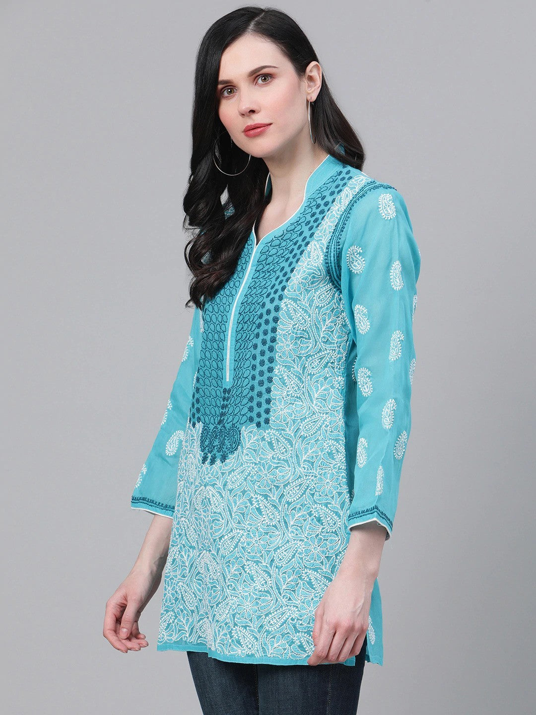 Ada Hand Embroidered Blue Cotton Lucknow Chikan Kurti -A259137