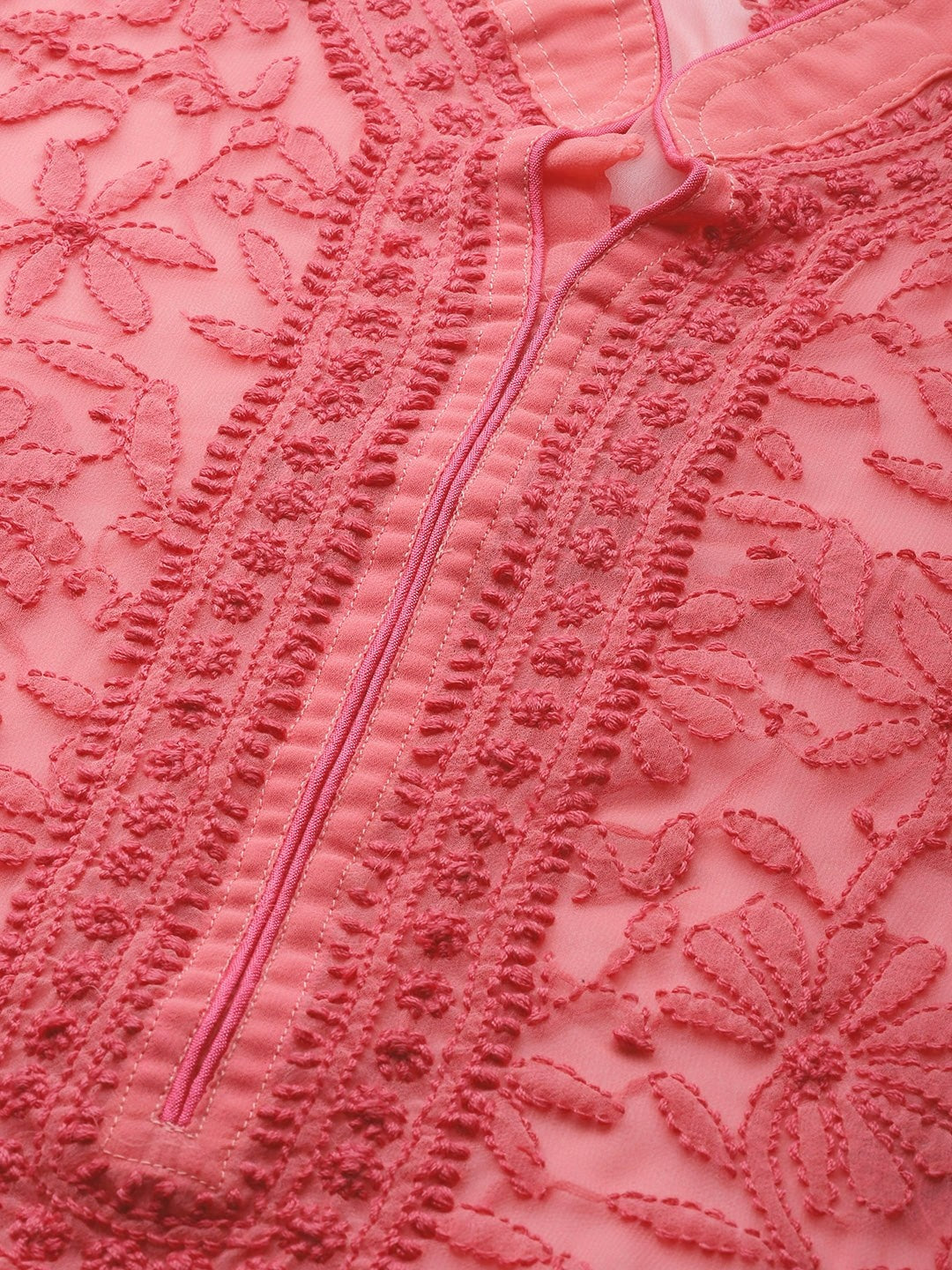 Ada Hand Embroidered Carrot Pink Georgette Lucknow Chikan Straight Kurta with Slip A225881