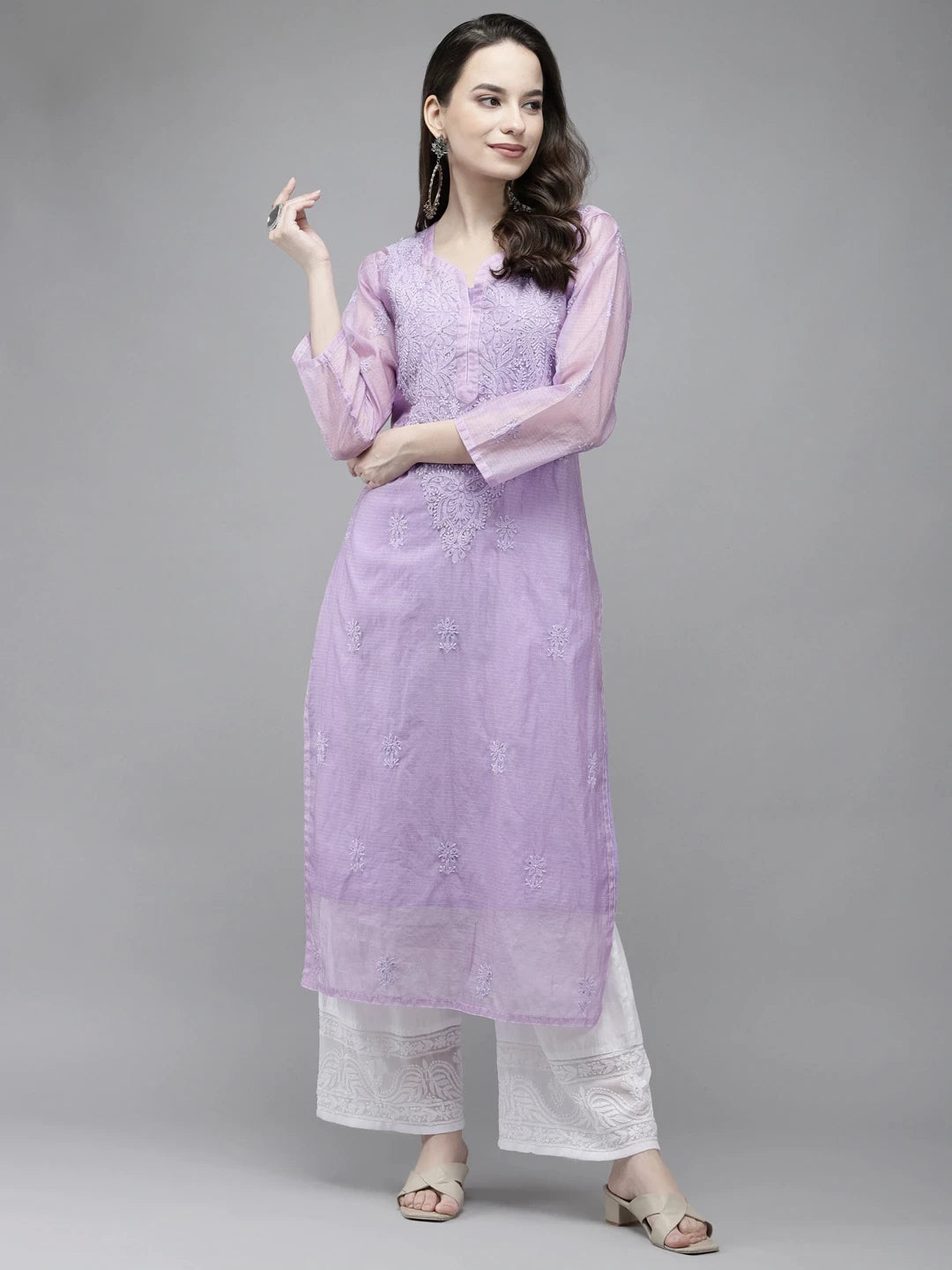 Ada Hand Embroidered Mauve Kota Lucknow Chikankari Kurta/Slip With Muqaish Work-A411290