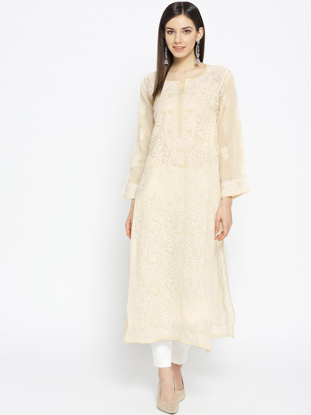 Ada Hand Embroidered Fawn Cotton Lucknowi Chikankari Straight Kurta A100123