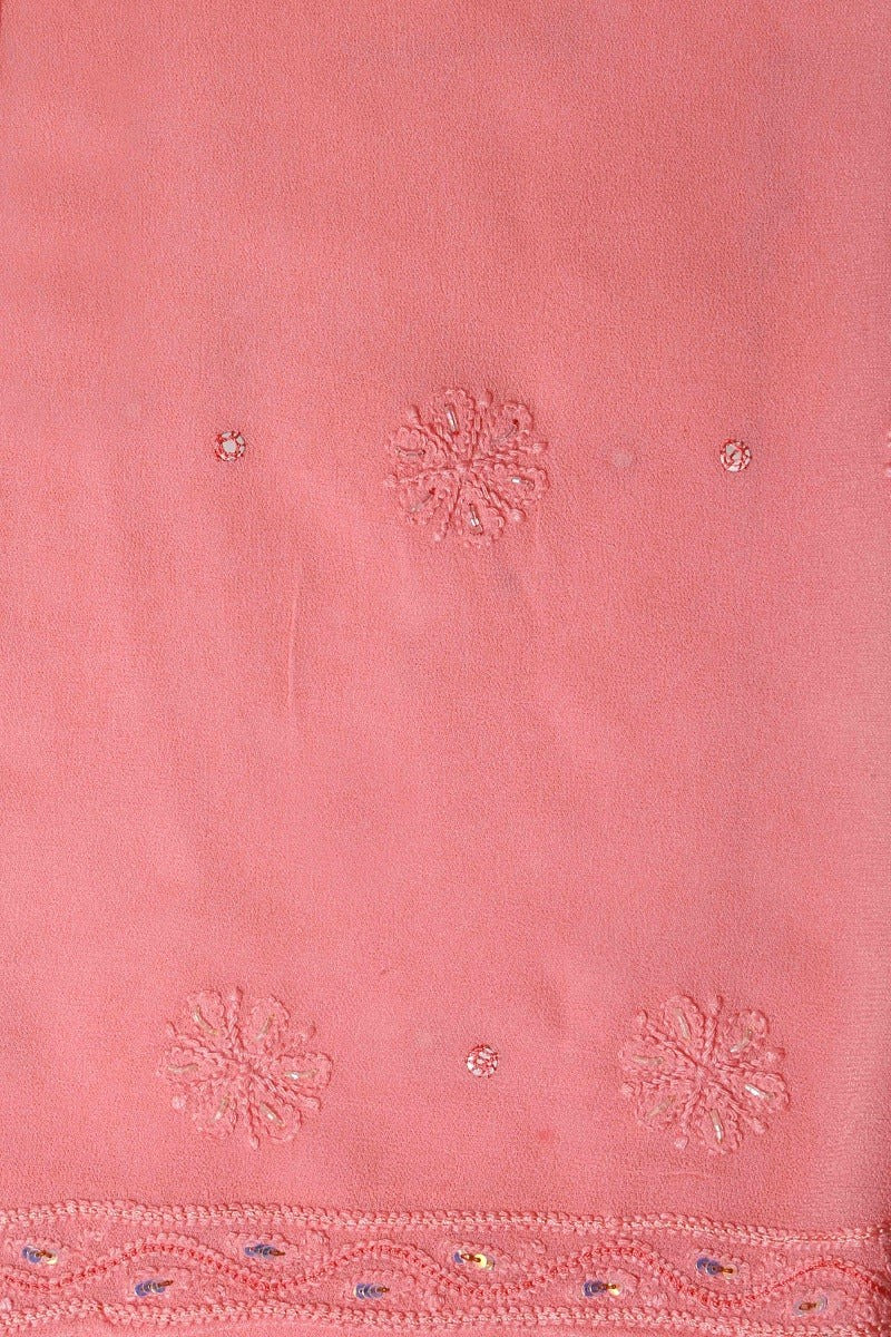 Ada Hand Embroidered Peach Georgette Lucknowi Chikan Semi-Stitched Anarkali Kurta Dupatta Set With Sequinned Work A595401