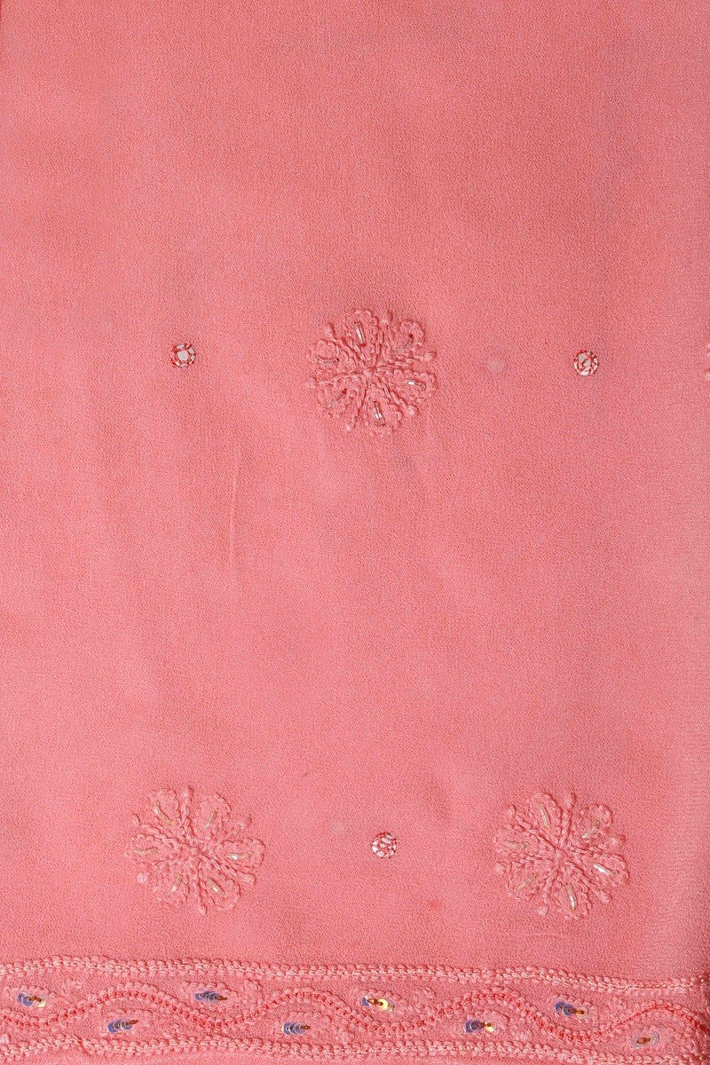 Ada Hand Embroidered Peach Georgette Lucknowi Chikan Semi-Stitched Anarkali Kurta Dupatta Set With Sequinned Work A595401