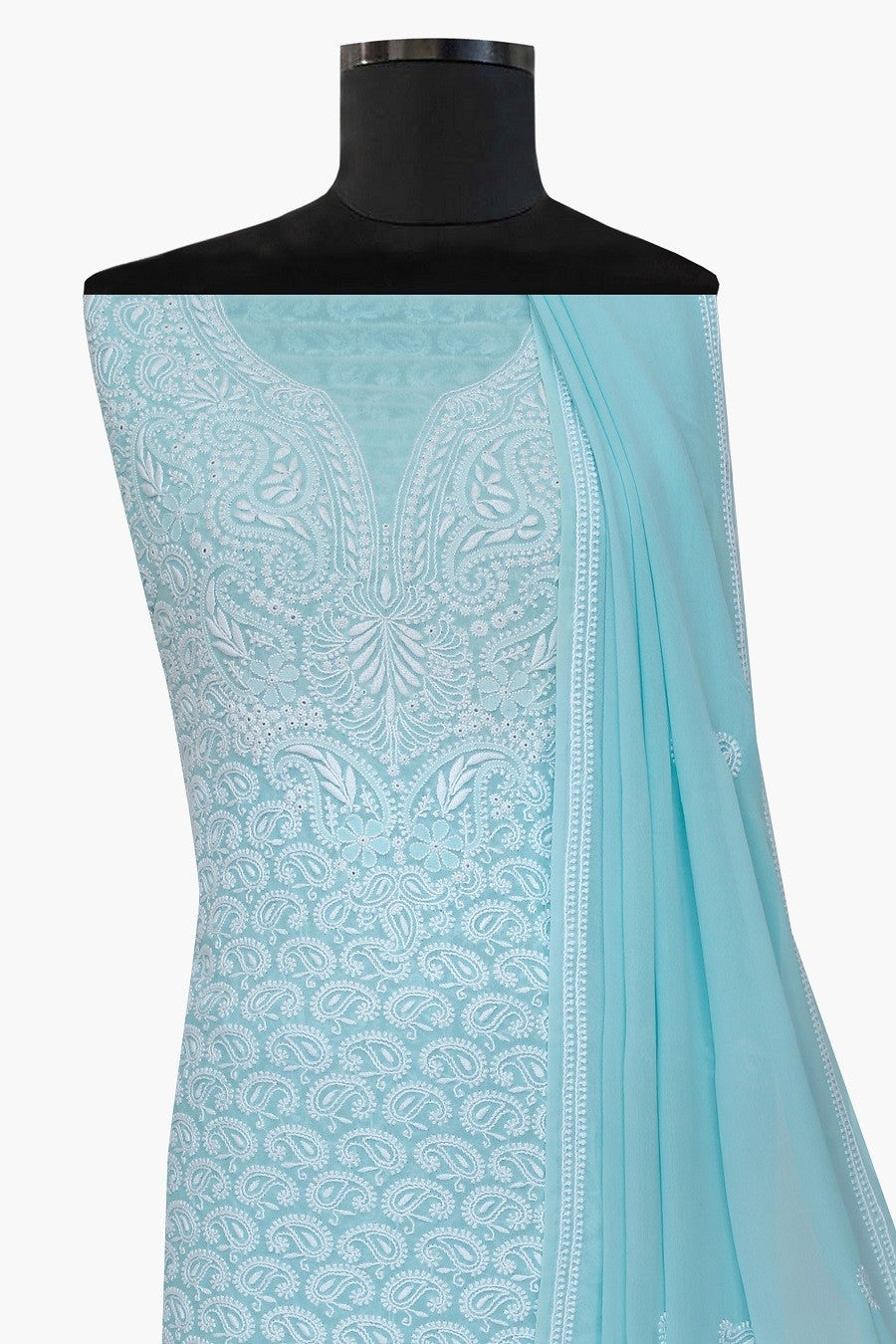 Ada Hand Embroidered Sky Blue Pure Georgette Chikan Unstitched Suit Piece- A103573
