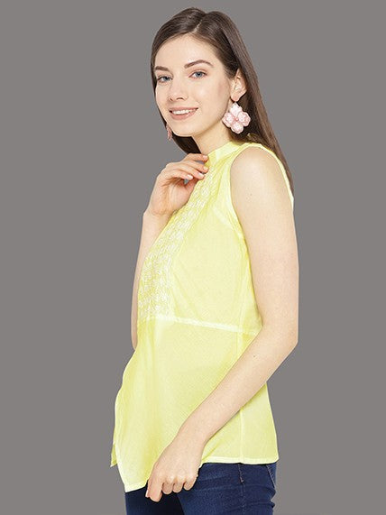 Ada Hand Embroidered Lemon Cotton Lucknow Chikan Top A100075