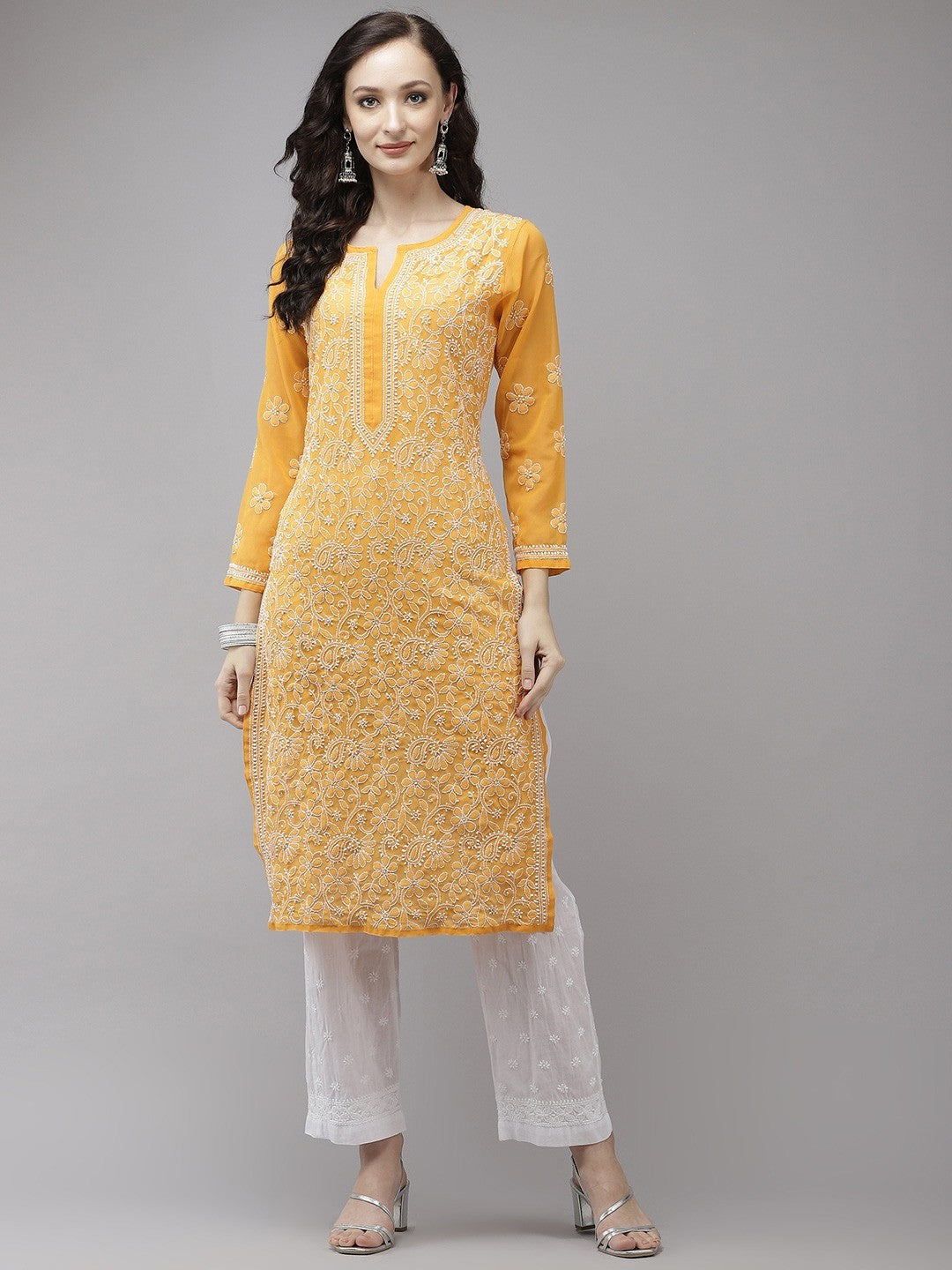 Ada Hand Embroidered Mustard Georgette Lucknowi Chikankari Kurta Set A811214