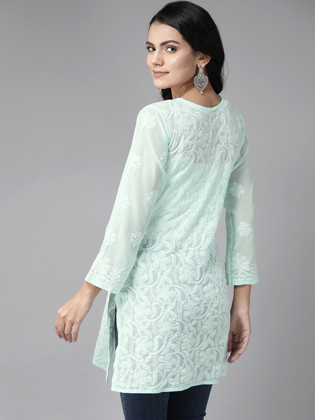 Ada Hand Embroidered Sea Green Georgette Lucknowi Chikankari Straight Kurti A911122