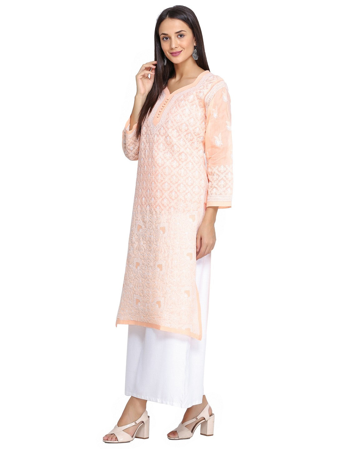 Ada Hand Embroidered Peach Cotton Lucknowi Chikankari Straight  Kurta A249258